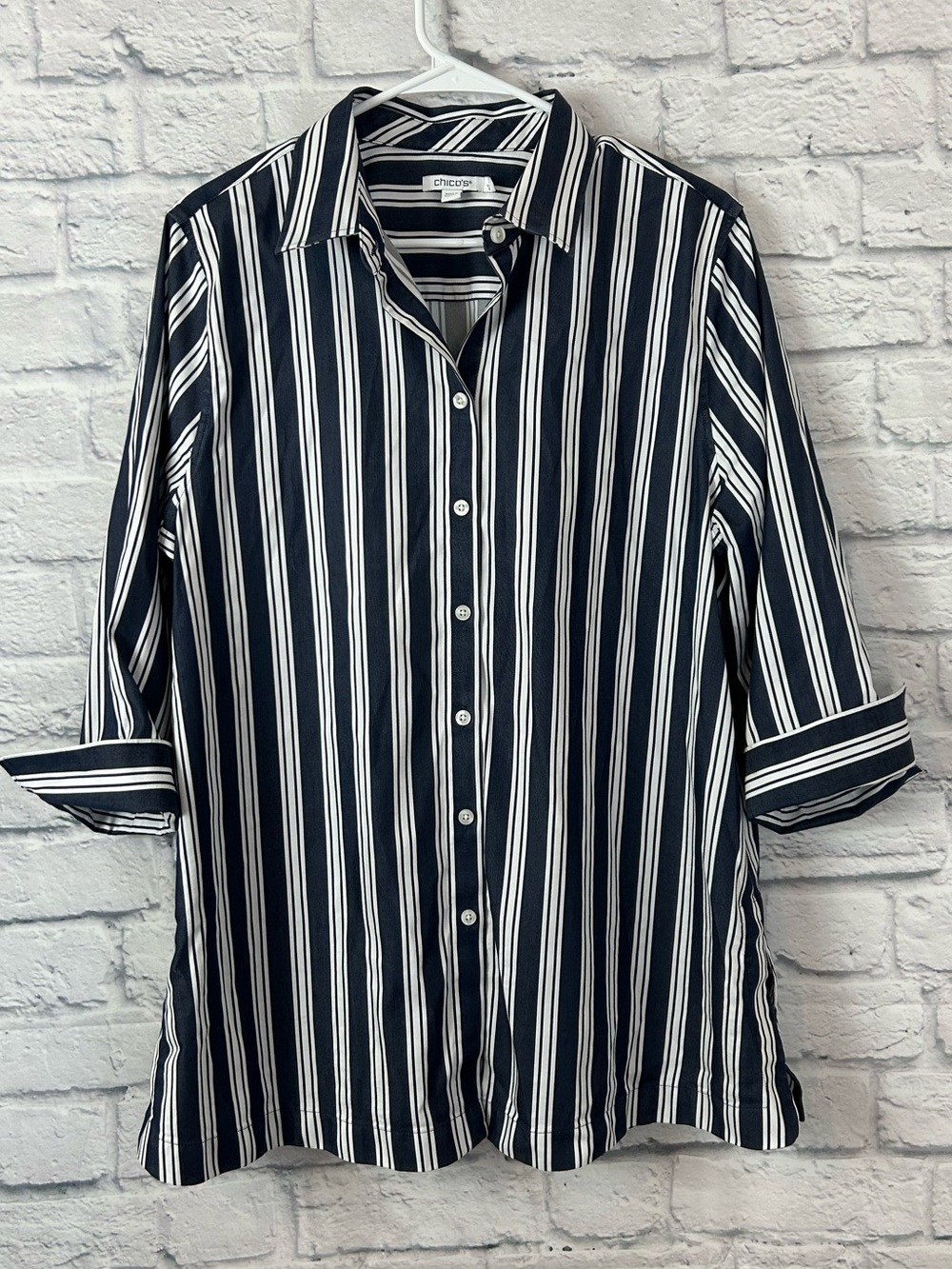 Chico’s Size 2 Large Navy White Striped Button Front Tunic Shirt Stretch